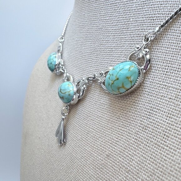 VTG Sterling Silver 925 Turquoise Three Stone Chain Necklace Size 14" Adjustable - Picture 3 of 13